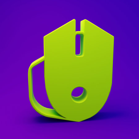 Green Computer mouse gaming icon isolated on purple-blue background. Optical with wheel symbol. Minimalism concept. 3D render illustration.の写真素材