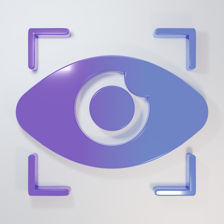 Purple-blue Big brother electronic eye icon isolated on gray background. Global surveillance technology, computer systems and networks security. Minimalism concept. 3D render illustration.の写真素材