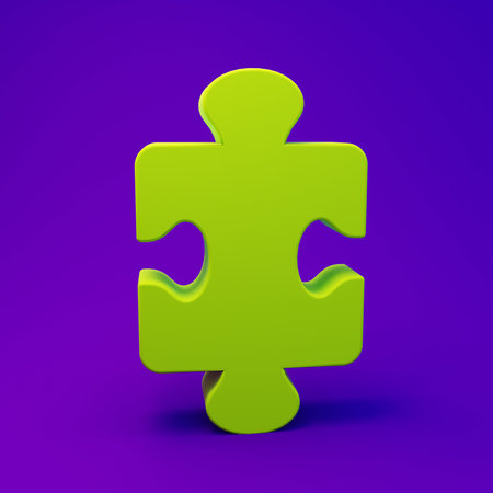 Green Puzzle pieces toy icon isolated on purple-blue background. Minimalism concept. 3D render illustration.の写真素材