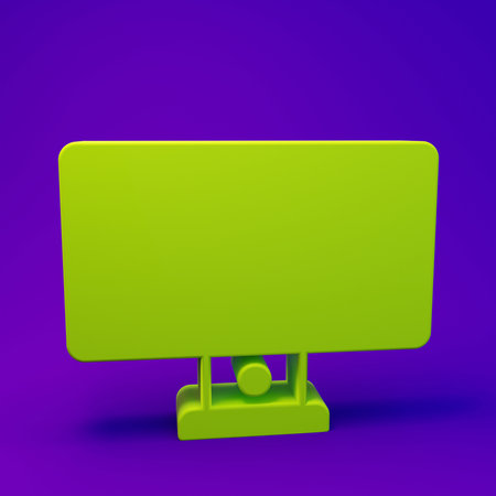 Green Computer monitor icon isolated on purple-blue background. PC component sign. Minimalism concept. 3D render illustration.の写真素材