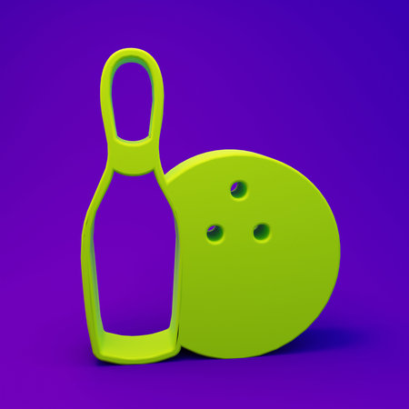 Green Bowling pin and ball icon isolated on purple-blue background. Sport equipment. Minimalism concept. 3D render illustration.の写真素材