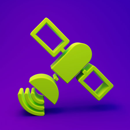 Green Satellite icon isolated on purple-blue background. Minimalism concept. 3D render illustration.の写真素材