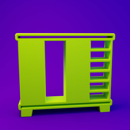 Green Wardrobe icon isolated on purple-blue background. Cupboard sign. Minimalism concept. 3D render illustration.の写真素材