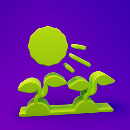 Green Plant sprouts grow in the sun icon isolated on purple-blue background. Seedling concept. Minimalism concept. 3D render illustration.の写真素材