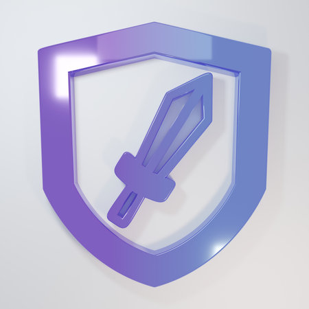 Purple-blue Sword for game icon isolated on gray background. Minimalism concept. 3D render illustration.の写真素材