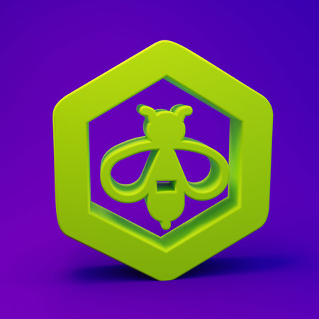 Green Bee and honeycomb icon isolated on purple-blue background. Honey cells. Honeybee or apis with wings symbol. Flying insect. Sweet natural food. Minimalism concept. 3D render illustration.の写真素材