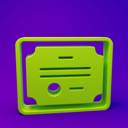Green Certificate template icon isolated on purple-blue background. Achievement, award, degree, grant, diploma concepts. Minimalism concept. 3D render illustration.の写真素材