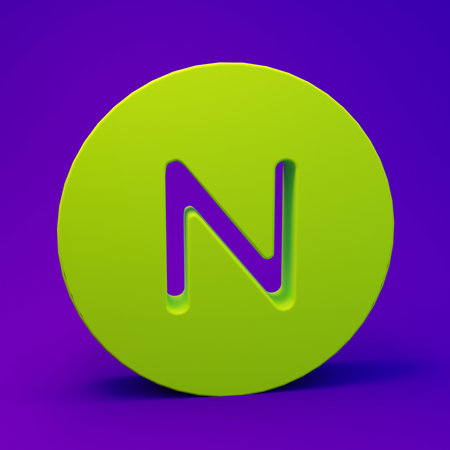 Green Compass north icon isolated on purple-blue background. Windrose navigation symbol. Wind rose sign. Minimalism concept. 3D render illustration.の写真素材