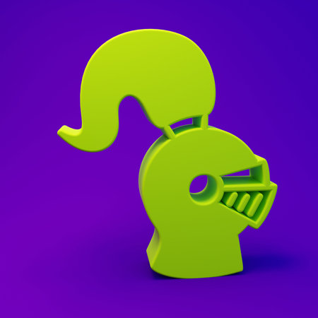 Green Medieval iron helmet for head protection icon isolated on purple-blue background. Knight helmet. Minimalism concept. 3D render illustration.の写真素材