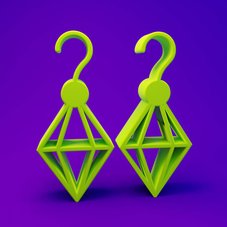 Green Earrings icon isolated on purple-blue background. Jewelry accessories. Minimalism concept. 3D render illustration.の写真素材