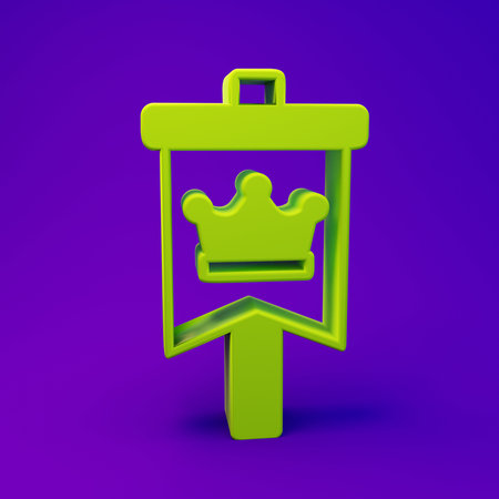 Green Medieval flag icon isolated on purple-blue background. Country, state, or territory ruled by a king or queen. Minimalism concept. 3D render illustration.の写真素材