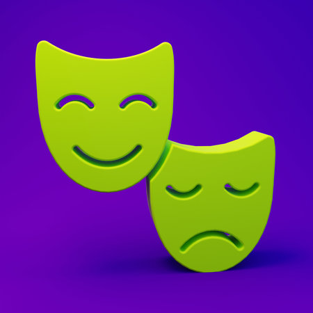 Green Comedy and tragic theatrical masks icon isolated on purple-blue background. Minimalism...