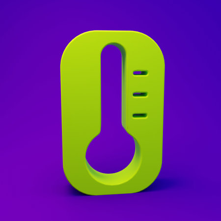 Green Meteorology thermometer measuring heat and cold icon isolated on purple-blue background. Thermometer equipment showing hot or cold weather. Minimalism concept. 3D render illustration.の写真素材