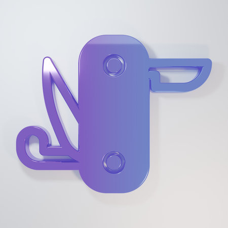 Purple-blue army knife icon isolated on gray background. Multi-tool, multipurpose penknife. Multifunctional tool. Minimalism concept. 3D render illustration.の写真素材