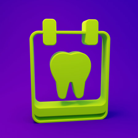 Green Calendar with tooth icon isolated on purple-blue background. International Dentist Day, March 6. March holiday calendar. Minimalism concept. 3D render illustration.の写真素材