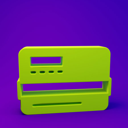 Green Credit card icon isolated on purple-blue background. Online payment. Cash withdrawal. Financial operations. Shopping sign. Minimalism concept. 3D render illustration.の写真素材