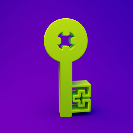 Green Old key icon isolated on purple-blue background. Minimalism concept. 3D render illustration.の写真素材