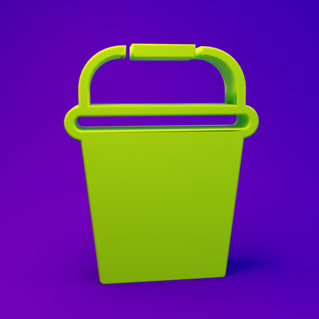 Green Fishing bucket icon isolated on purple-blue background. Fish in a bucket. Minimalism concept. 3D render illustration.の写真素材