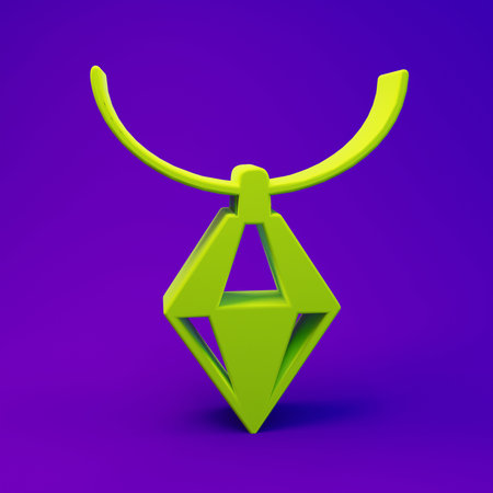 Green Pendant on necklace icon isolated on purple-blue background. Minimalism concept. 3D render illustration.の写真素材