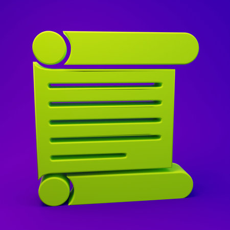 Green Decree, paper, parchment, scroll icon icon isolated on purple-blue background. Minimalism concept. 3D render illustration.の写真素材