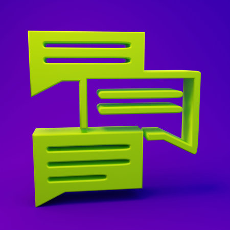 Green Speech bubble chat icon isolated on purple-blue background. Message icon. Communication or comment chat symbol. Minimalism concept. 3D render illustration.の写真素材