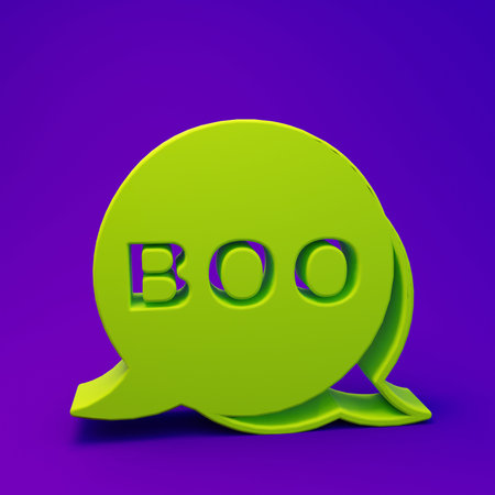 Green Boo speech bubble icon isolated on purple-blue background. Happy Halloween party. Minimalism concept. 3D render illustration.の写真素材