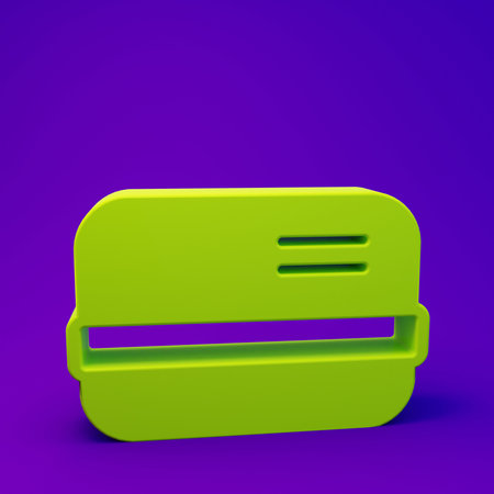 Green card icon isolated on purple-blue background. Online payment. Financial operations. Shopping sign. Minimalism concept. 3D render illustration.の写真素材