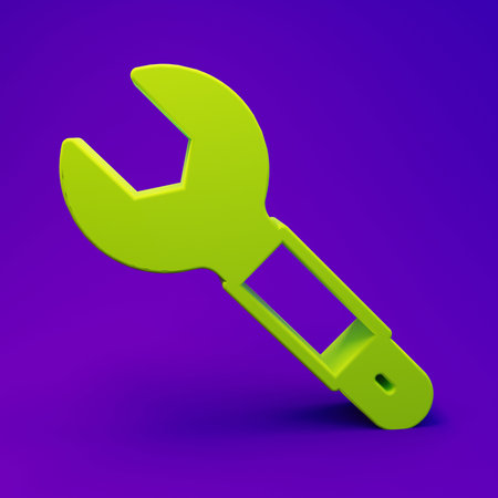 Green Wrench spanner icon isolated on purple-blue background. Spanner repair tool. Service tool symbol. Minimalism concept. 3D render illustration.の写真素材