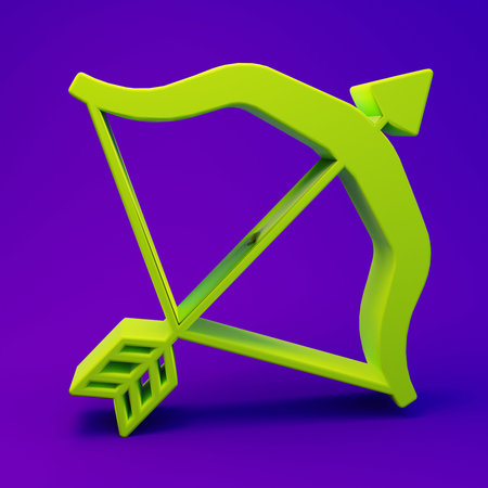 Green Medieval bow and arrow icon isolated on purple-blue background. Medieval weapon. Minimalism concept. 3D render illustration.の写真素材