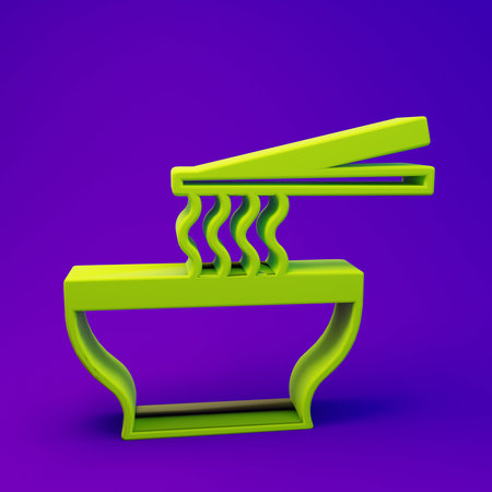 Green Asian noodles in bowl and chopsticks icon isolated on purple-blue background. Street fast food. Korean, Japanese, Chinese food. Minimalism concept. 3D render illustration.の写真素材