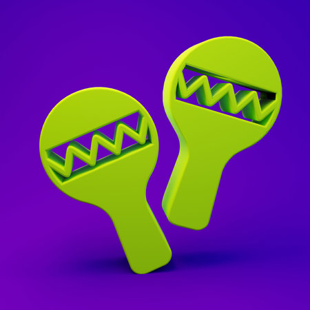 Green Maracas icon isolated on purple-blue background. Music maracas instrument mexico. Minimalism concept. 3D render illustration.の写真素材