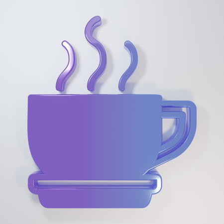 Purple-blue Coffee cup icon isolated on gray background. Tea cup. Hot drink coffee. Minimalism concept. 3D render illustration.の写真素材