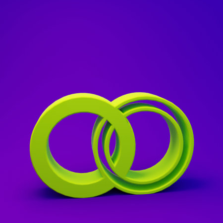 Green Wedding rings icon isolated on purple-blue background. Bride and groom jewelry sign. Marriage symbol. Minimalism concept. 3D render illustration.の写真素材