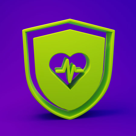 Green Life insurance with shield icon isolated on purple-blue background. Security, safety, protection, protect concept. Minimalism concept. 3D render illustration.の写真素材