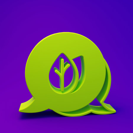 Green Leaf icon isolated on purple-blue background. Leaves sign. Fresh natural product symbol. Minimalism concept. 3D render illustration.の写真素材