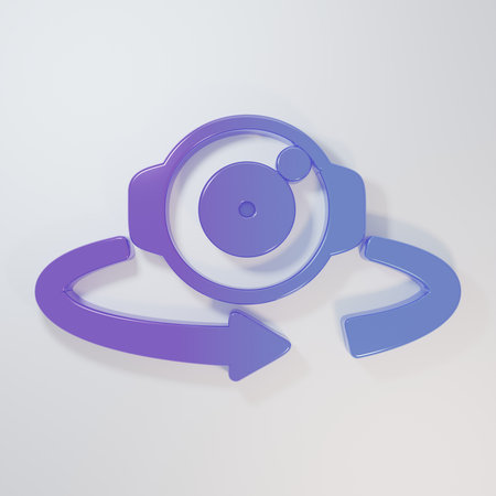 Purple-blue 360 degree view icon isolated on gray background. Virtual reality. Angle 360 degree camera. Panorama photo. Minimalism concept. 3D render illustration.の写真素材