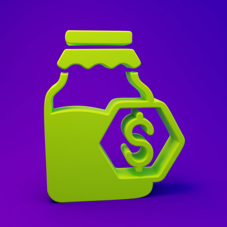 Green jar of honey icon isolated on purple-blue background. Sweet natural food symbol. Minimalism concept. 3D render illustration.の写真素材