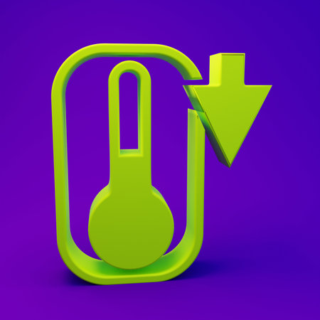 Green Meteorology thermometer measuring heat and cold icon isolated on purple-blue background. Thermometer equipment showing hot or cold weather. Minimalism concept. 3D render illustration.の写真素材