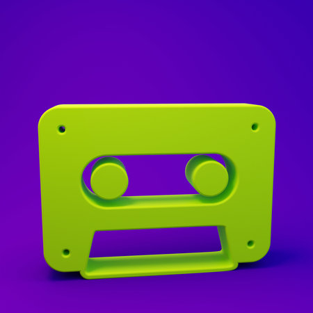 Green Retro audio cassette tape icon isolated on purple-blue background. Minimalism concept. 3D...