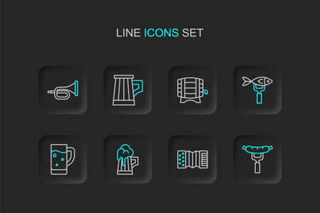 Set line Sausage on the fork Accordion Wooden beer mug Glass of Dried fish barrel rack and Trumpet icon. Vector.のイラスト素材