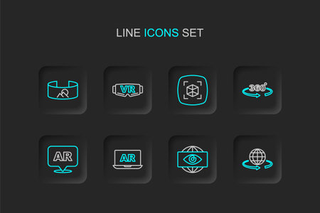 Set line 3d modeling Big brother electronic eye Augmented reality AR 360 degree view Virtual glasses and icon. Vector.のイラスト素材