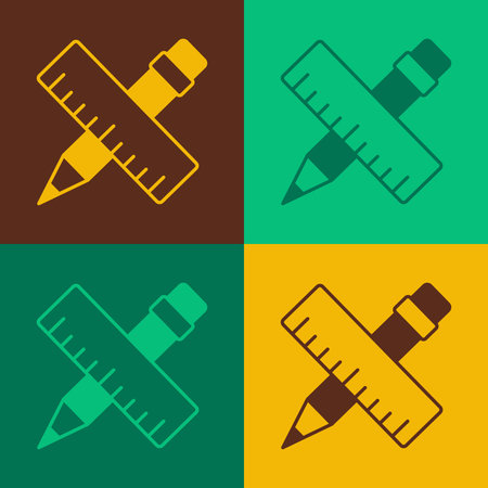 Pop art Crossed ruler and pencil icon isolated on color background. Straightedge symbol. Drawing and educational tools. Vector.のイラスト素材