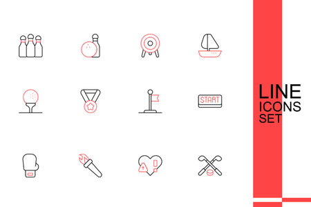 Set line Ice hockey sticks and puck Heart rate Torch flame Boxing glove Ribbon finishing line Flag Medal and Golf ball tee icon. Vector.のイラスト素材