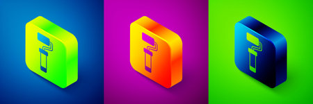 Isometric Paint roller brush icon isolated on blue, purple and green background. Square button. Vector.のイラスト素材