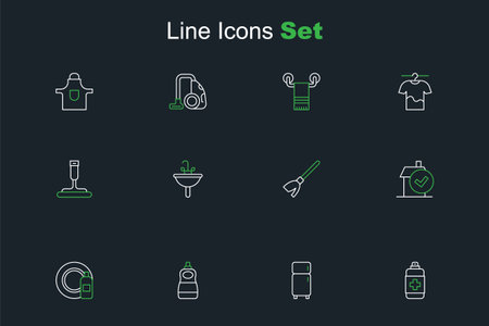 Set line Antibacterial soap Refrigerator Dishwashing liquid bottle and plate Home cleaning service Handle broom Washbasin and Rubber cleaner for windows icon. Vector.のイラスト素材