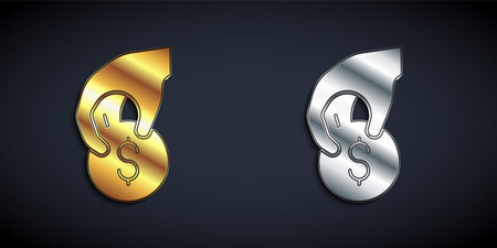 Gold and silver Hand holding casino chips icon isolated on black background. Casino gambling. Long shadow style. Vector.のイラスト素材