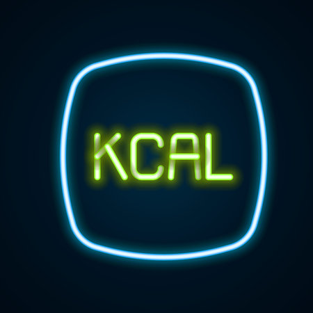Glowing neon line Kcal icon isolated on isolated on black background. Health food. Colorful outline concept. Vector.のイラスト素材