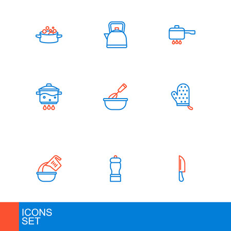 Set line Knife Pepper Measuring cup and bowl Oven glove Cooking pot on fire whiskey with and Kettle handle icon. Vector.のイラスト素材
