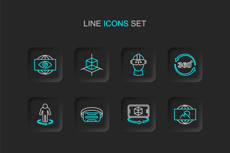 Set line Wide angle picture 3d modeling Virtual reality glasses 360 degree view and Big brother electronic eye icon. Vector.のイラスト素材