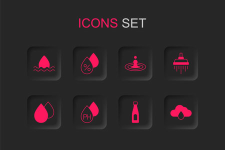 Set Water drop percentage Bottle of water Shower Cloud with rain and icon. Vector.のイラスト素材